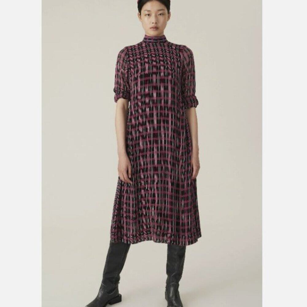 NEW Ganni Plaid Check Georgette Mock Neck Midi Dress Long Sleeves Sz 34/XS - Picture 2 of 9